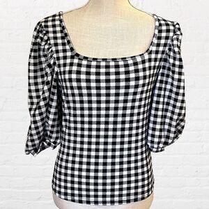 NWOT Shein, Medium, Black Checkerboard Puff Sleeve Boat Neck 3/4 Sleeve